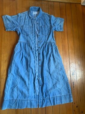 Button-Front Denim Midi Dress - Blue